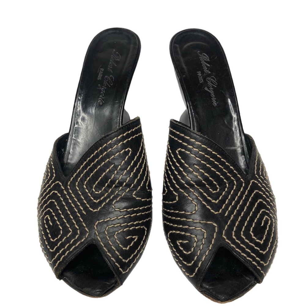 Robert Clergerie France Black Leather Peep Toe Wedge Heel Mules Sandals EU 38